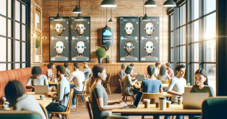 A cozy coffee shop scene where diverse individuals are engaged with their laptops, displaying friendly cartoonish AI avatars symbolizing Custom GPTs. The warm lighting and wooden decor create an atmosphere of community and collaboration, highlighting the personal and approachable side of AI technology.