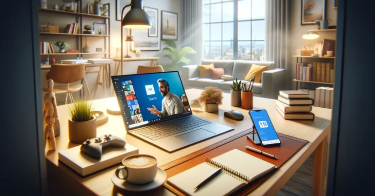 A home office setup depicting a person on a video call using Microsoft Teams on their laptop, indicating seamless remote collaboration. The desk is equipped with modern devices, including a smartphone with the Microsoft Outlook app. The background features a cozy living space with a bookshelf, a plant, and a window showcasing the city skyline, blending professional and personal life. The image exudes a bright and optimistic atmosphere, highlighting the comfort and efficiency enabled by Microsoft 365 in a remote work setting.