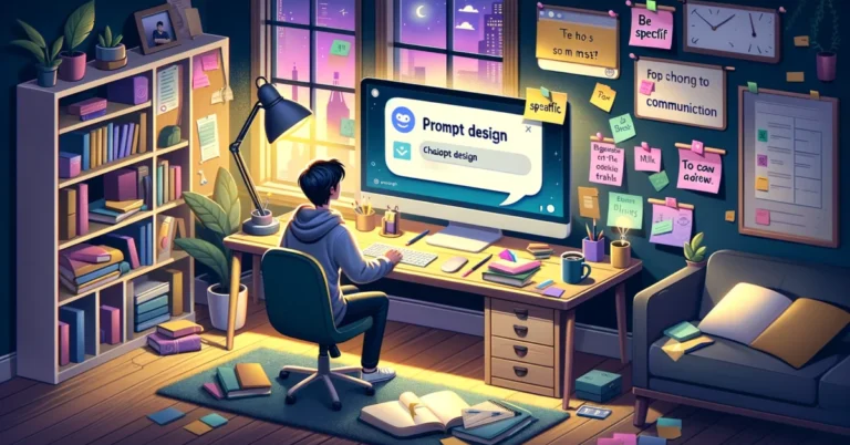 A serene study scene where an individual sits thoughtfully at a desk, engaging with a ChatGPT interface on their computer. The desk is adorned with an open notebook, a cup of coffee, and colorful sticky notes with prompt design tips like 'Be Specific' and 'Break Down Tasks.' A bookshelf filled with books on AI and communication is in the background, under the warm glow of a desk lamp, creating an encouraging atmosphere for learning to communicate effectively with AI.