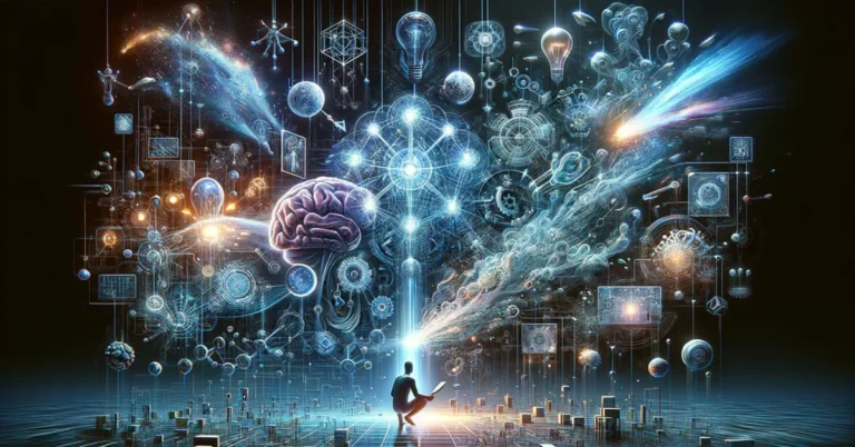 A human figure engages with a futuristic holographic display that abstractly illustrates advanced AI prompting techniques, including Chain-of-Thought and Zero-shot CoT Prompting. The display shows a flow of interconnected ideas, logic chains, and bursts of innovation, symbolizing complex problem-solving and creativity. Part of the image depicts ideas generating and connecting in novel ways, highlighting the AI's ability to think outside the box. The scene merges digital art with surreal elements, emphasizing discovery, innovation, and the synergy of human ingenuity with AI's analytical prowess.