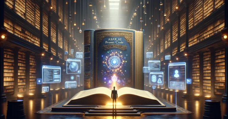 An AI explorer stands before an ancient book titled 'Bard Prompt Code,' glowing with the light of discovery in a vast library. Surrounding the figure are holographic screens showing various factual queries and structured reports, with towering bookshelves representing different domains of knowledge in the background. The scene blends realism with fantasy, symbolizing the journey into unlocking Bard's capabilities through effective prompt design.