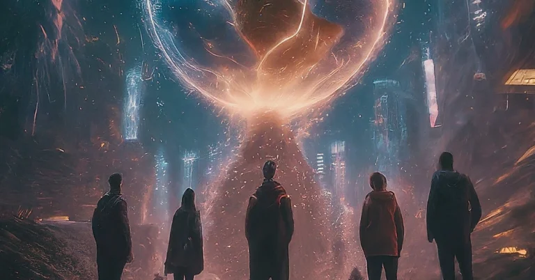 Diverse group, men and women of various ethnicities, gaze curiously at a large, glowing globe floating in futuristic cityscape. Globe depicts Earth with interconnected data networks and circuits, symbolizing both potential and risks of artificial intelligence.