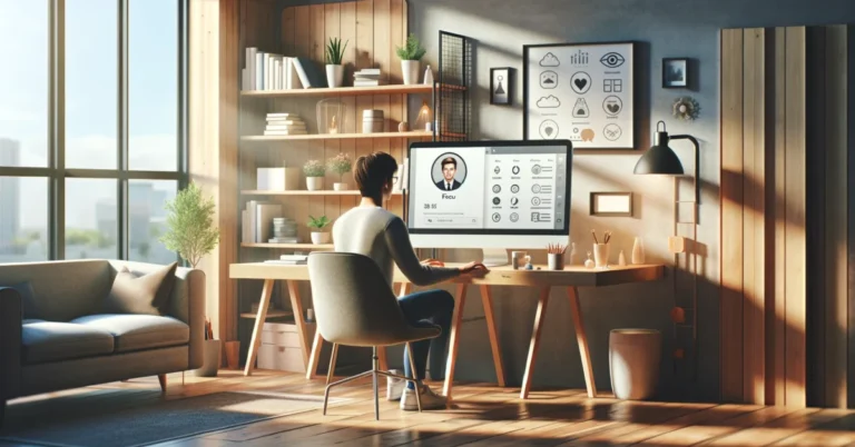 A modern and inviting home office scene with a person seated at a desk engaging with a computer displaying a simple, user-friendly AI interface. The room is filled with natural light, and the desk is adorned with plants and books, creating a comfortable and inspiring workspace. The AI interface on the screen features icons representing the 'FOCUS' strategy, blending seamlessly into the tranquil and creative atmosphere of the room.