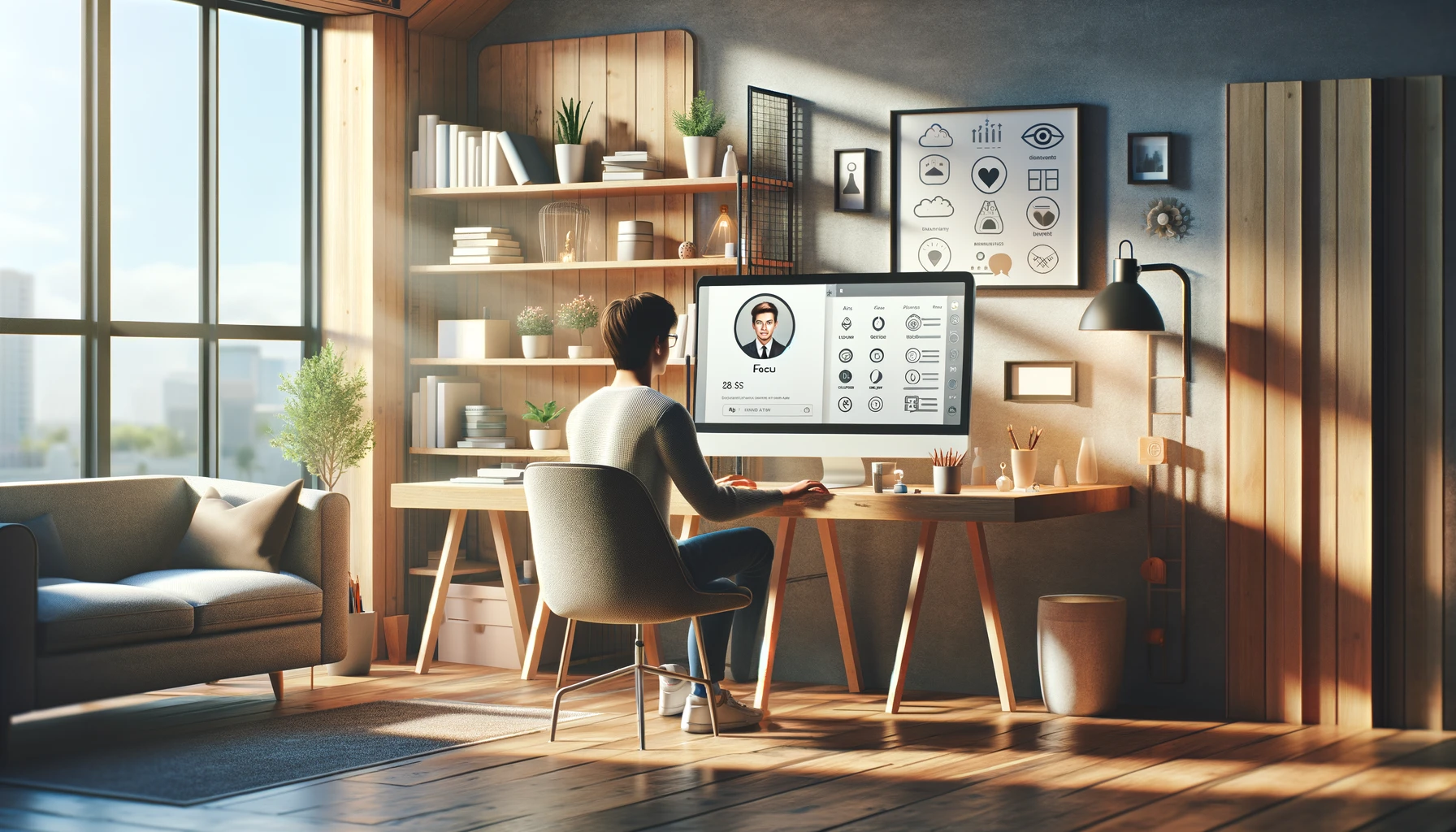 A modern and inviting home office scene with a person seated at a desk engaging with a computer displaying a simple, user-friendly AI interface. The room is filled with natural light, and the desk is adorned with plants and books, creating a comfortable and inspiring workspace. The AI interface on the screen features icons representing the 'FOCUS' strategy, blending seamlessly into the tranquil and creative atmosphere of the room.